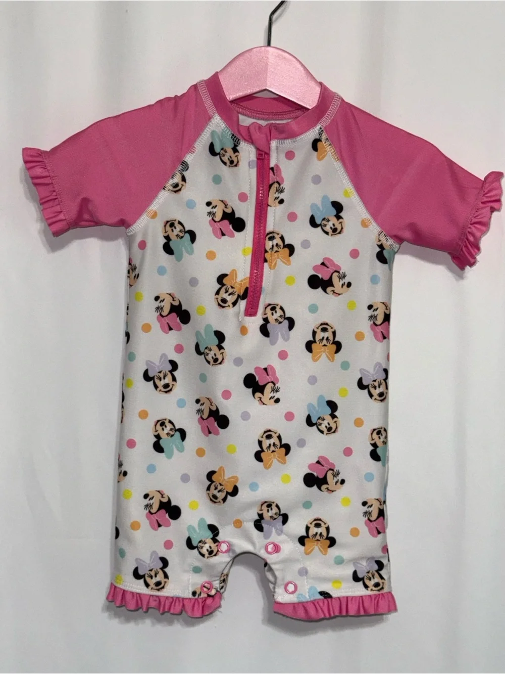 Disney Baby 12M Minnie Mouse Baby Girl’s One-Piece Half-Zip Rash Guard Swimsuit